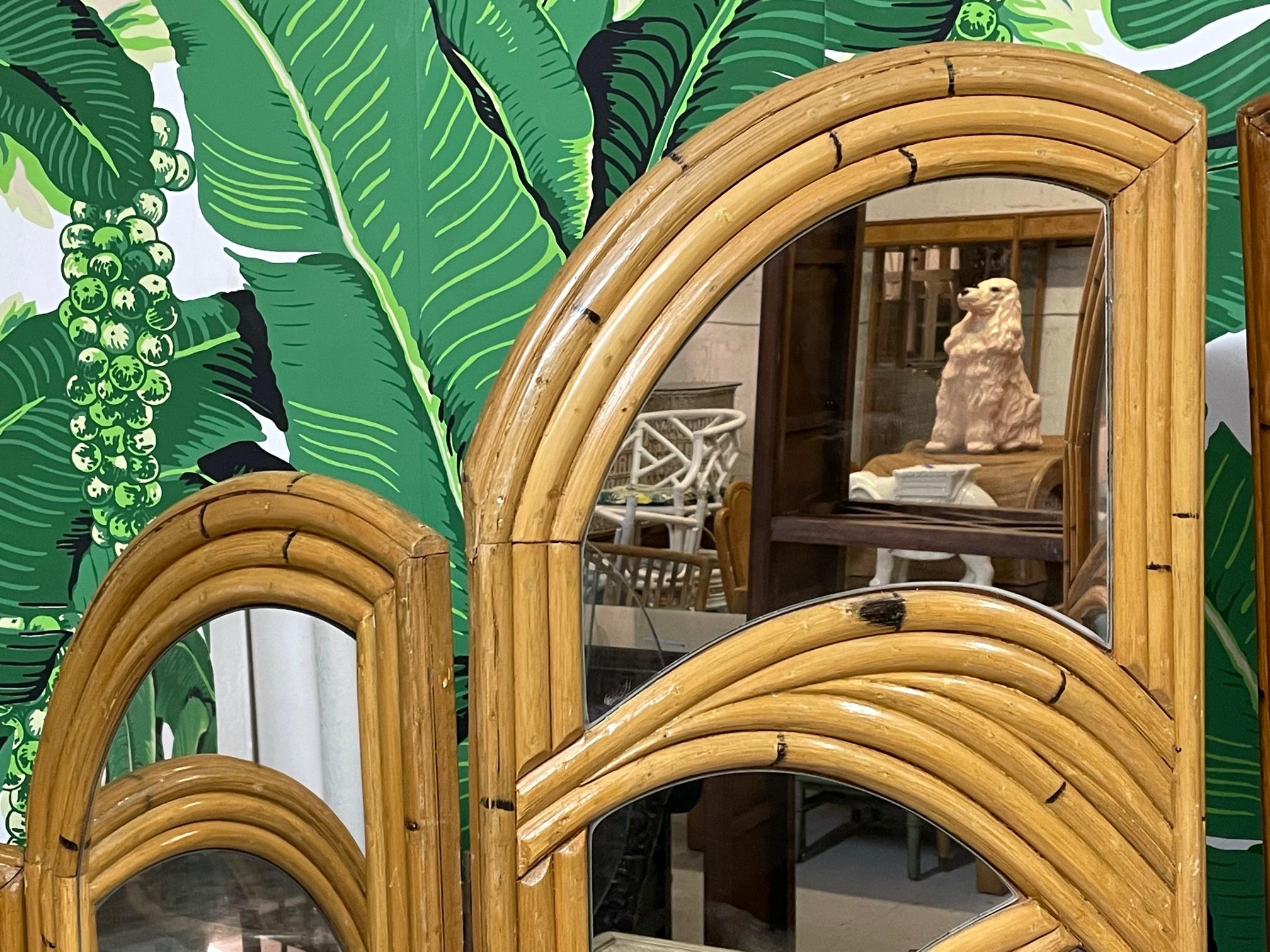 Six-Panel Split Reed Rattan Mirrored Palm Tree Folding Screen In Good Condition For Sale In Jacksonville, FL