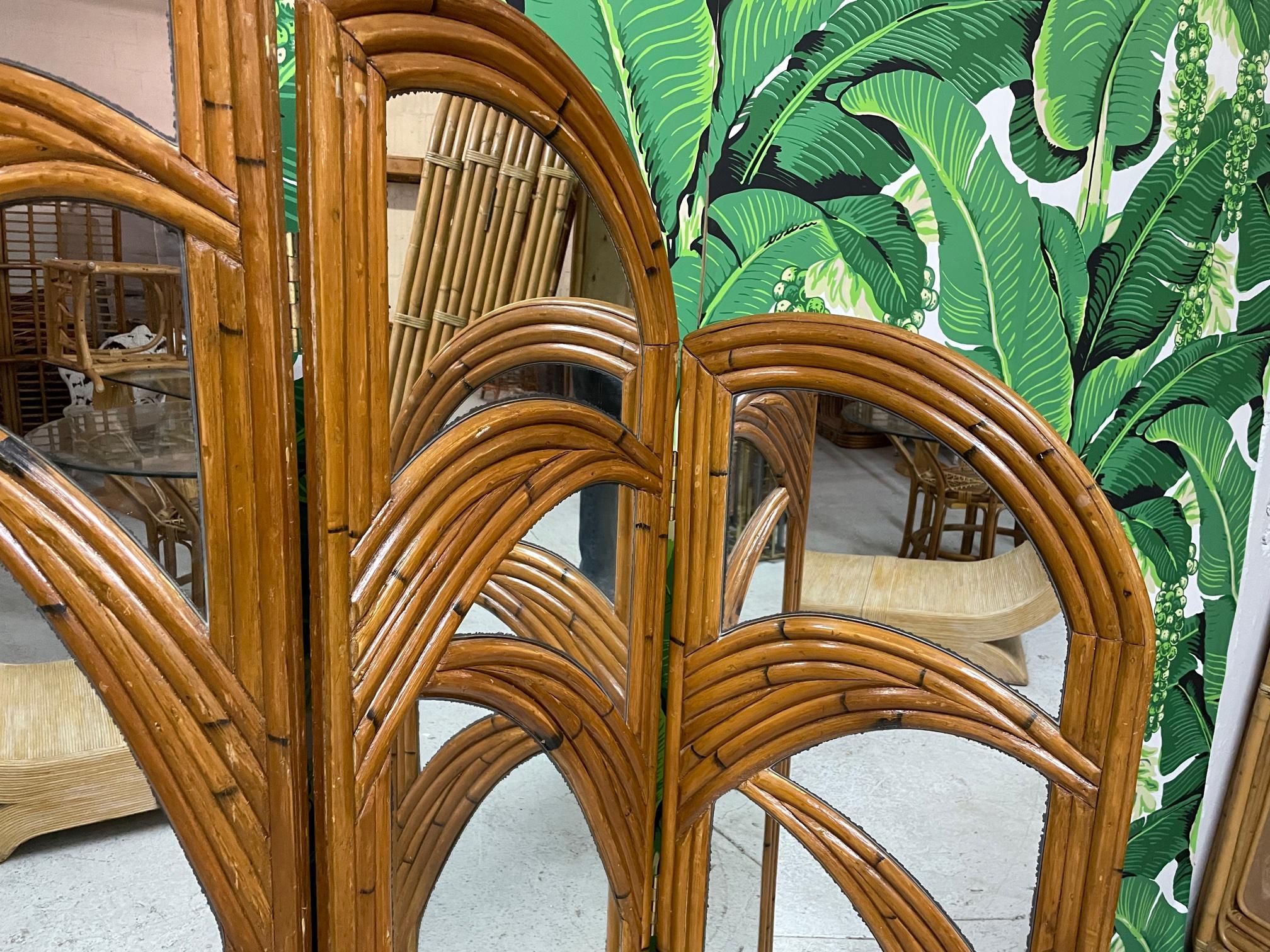 Six Panel Split Reed Rattan Mirrored Palm Tree Folding Screen In Good Condition In Jacksonville, FL