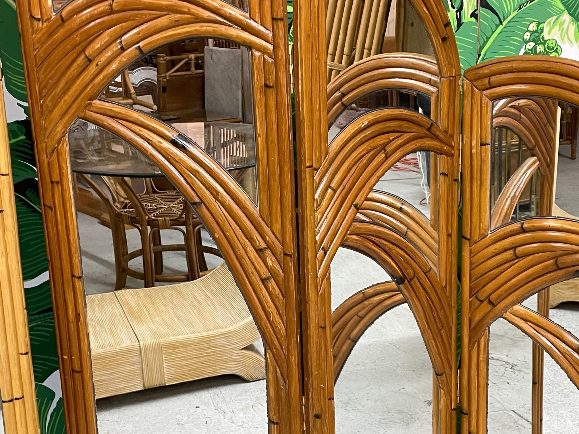 Late 20th Century Six Panel Split Reed Rattan Mirrored Palm Tree Folding Screen