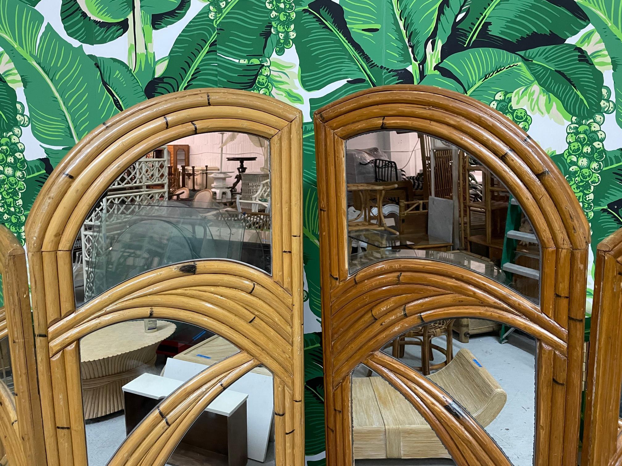 Six Panel Split Reed Rattan Mirrored Palm Tree Folding Screen 2