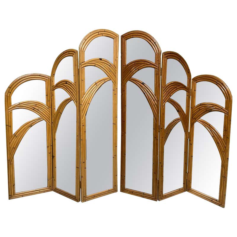 Six-Panel Split Reed Rattan Mirrored Palm Tree Folding Screen For Sale ...