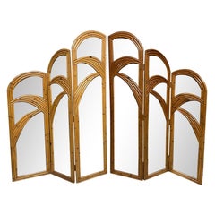 Six Panel Split Reed Rattan Mirrored Palm Tree Folding Screen