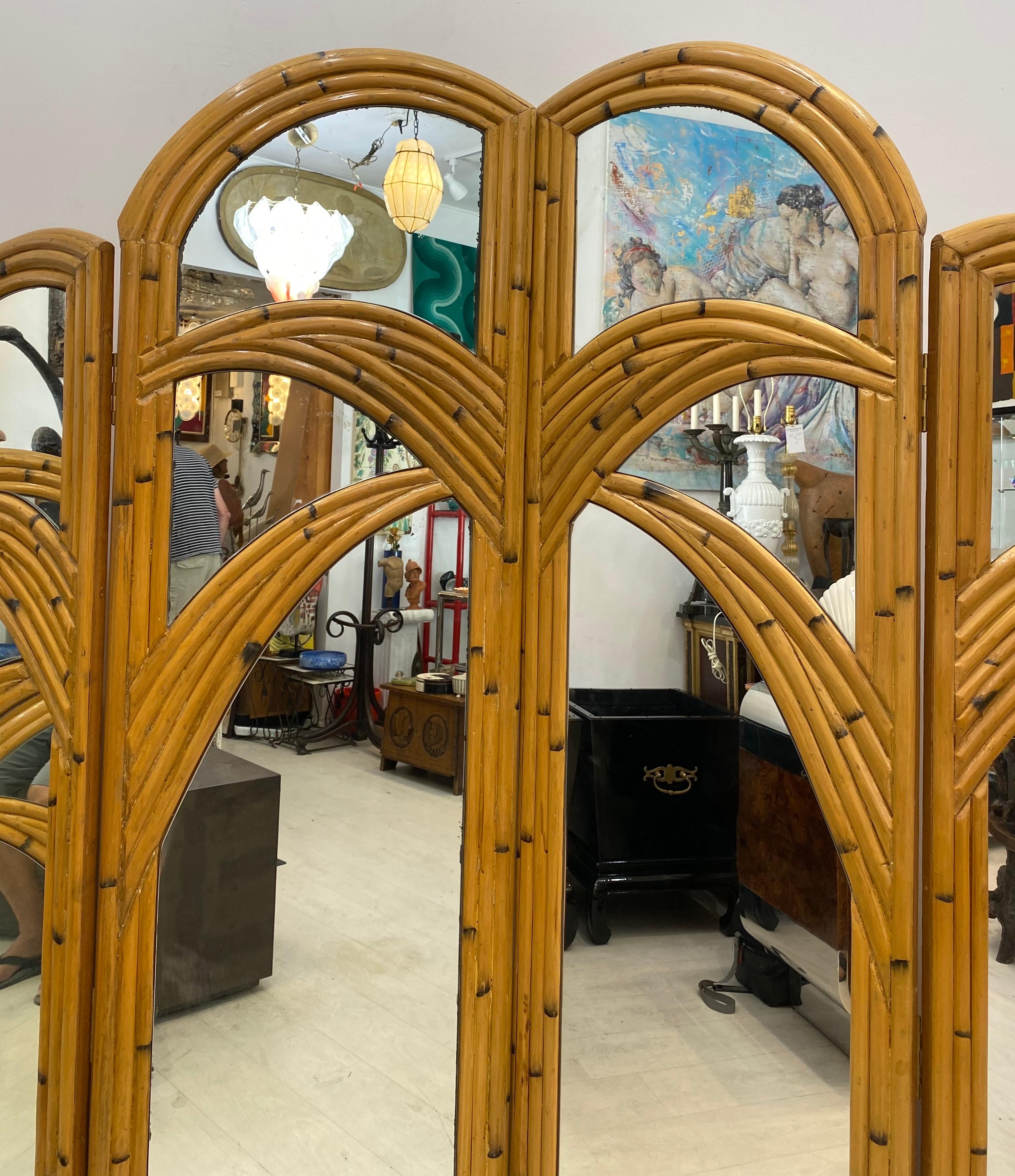 Six Panel Split Reed Rattan Mirrored Palm Tree Folding Screen Room Divider In Good Condition In West Palm Beach, FL