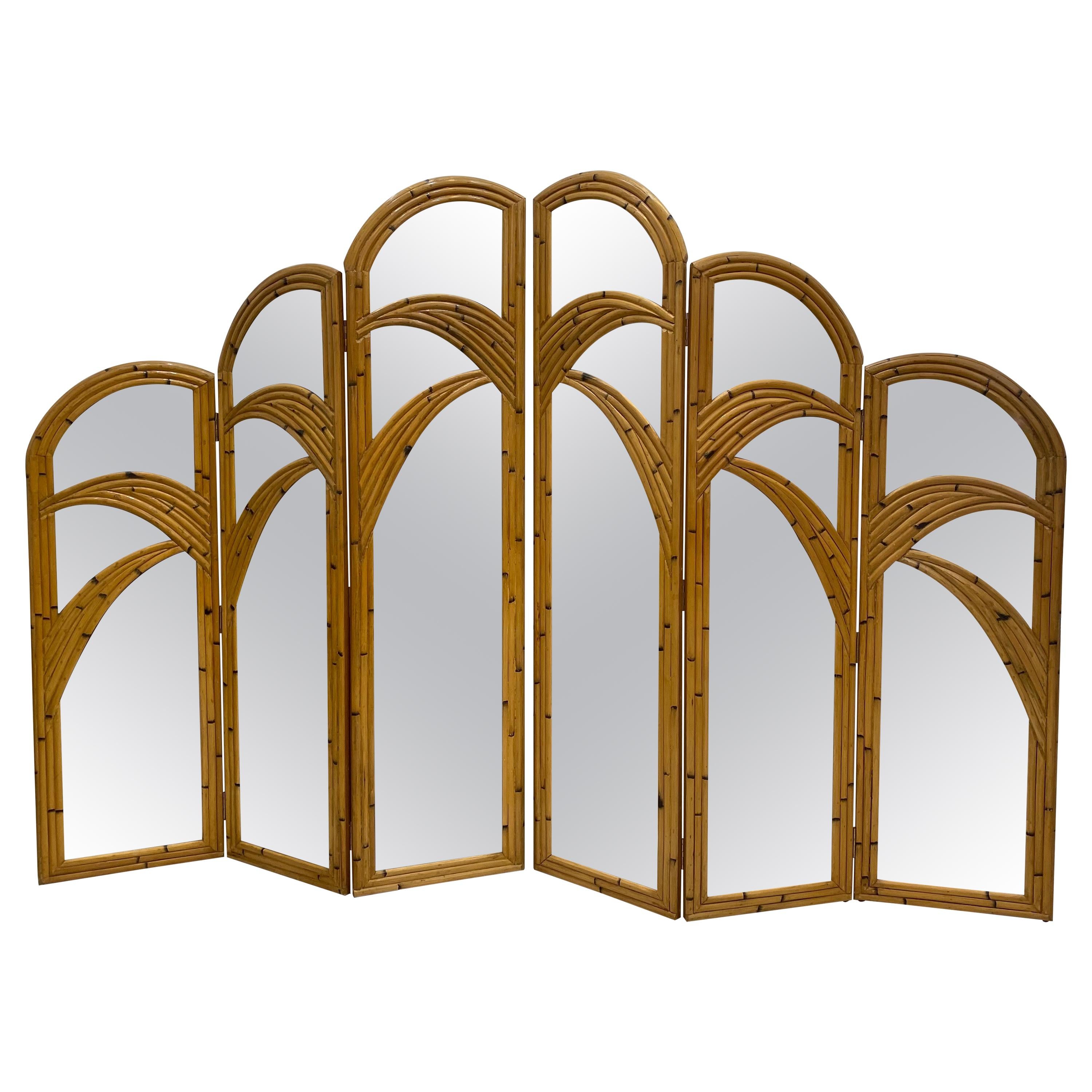 Six Panel Split Reed Rattan Mirrored Palm Tree Folding Screen Room Divider