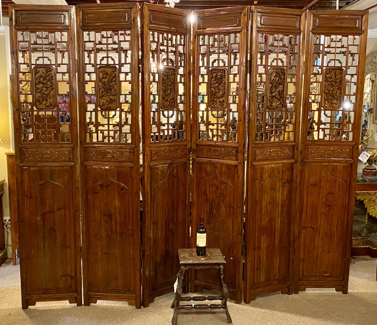 Six-Panel Teak Asian, early 20th Century Folding Screen / Room Divider For Sale 13