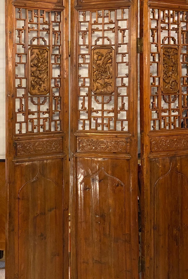 Six-Panel Teak Asian, early 20th Century Folding Screen / Room Divider In Good Condition For Sale In Stamford, CT