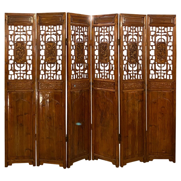 Six-Panel Teak Asian, early 20th Century Folding Screen / Room Divider For Sale