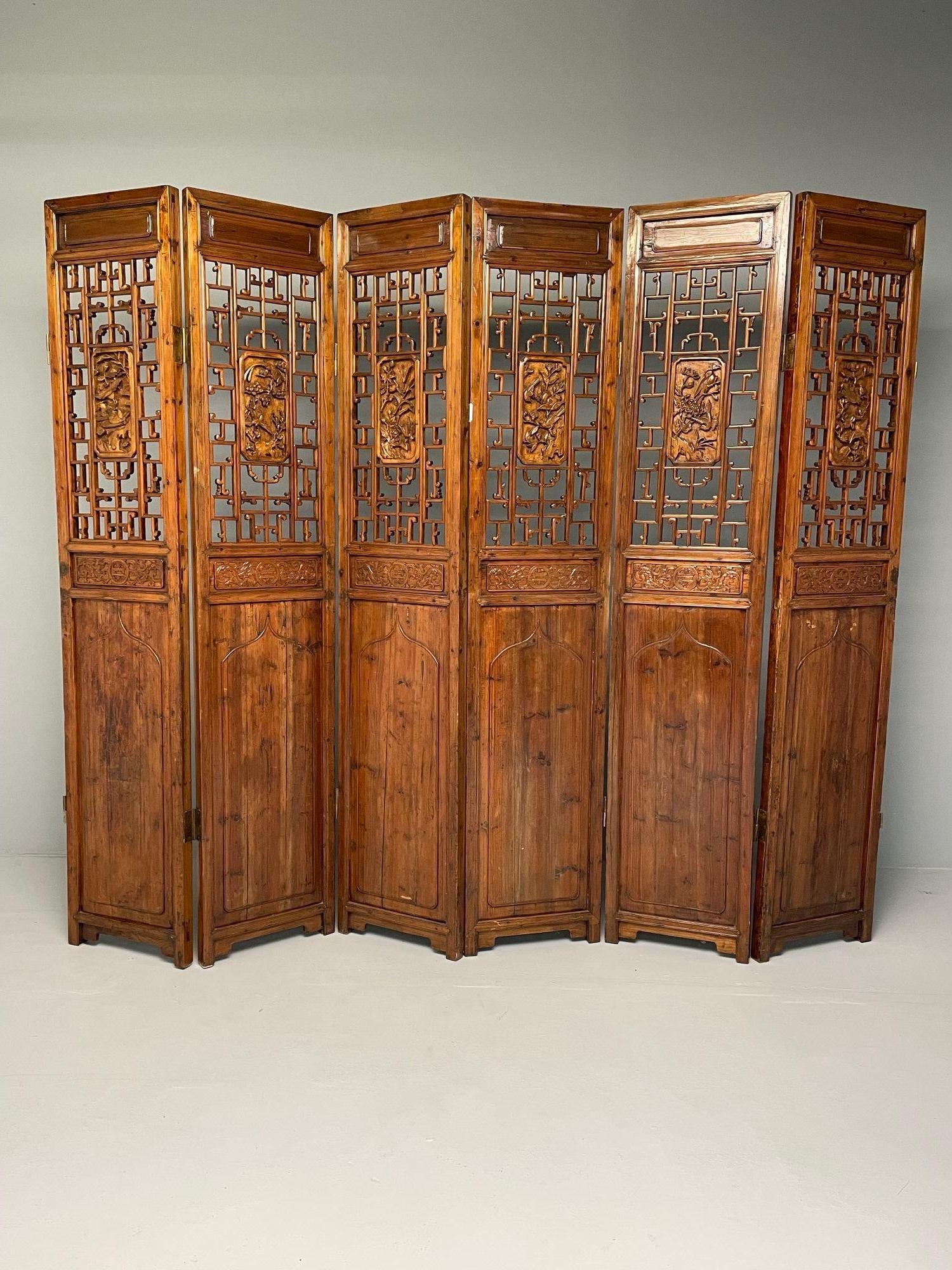 Six-Panel Teak Asian, early 20th Century Folding Screen / Room Divider For Sale 8