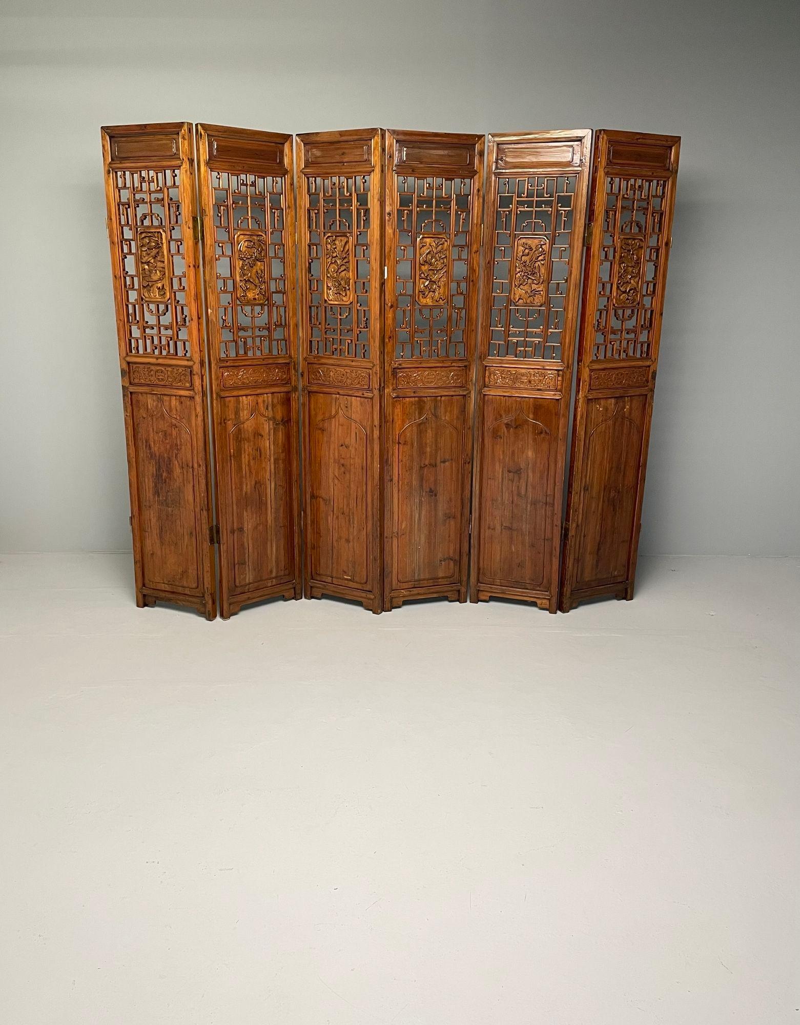 Chinese Export Six-Panel Teak Asian, early 20th Century Folding Screen / Room Divider For Sale