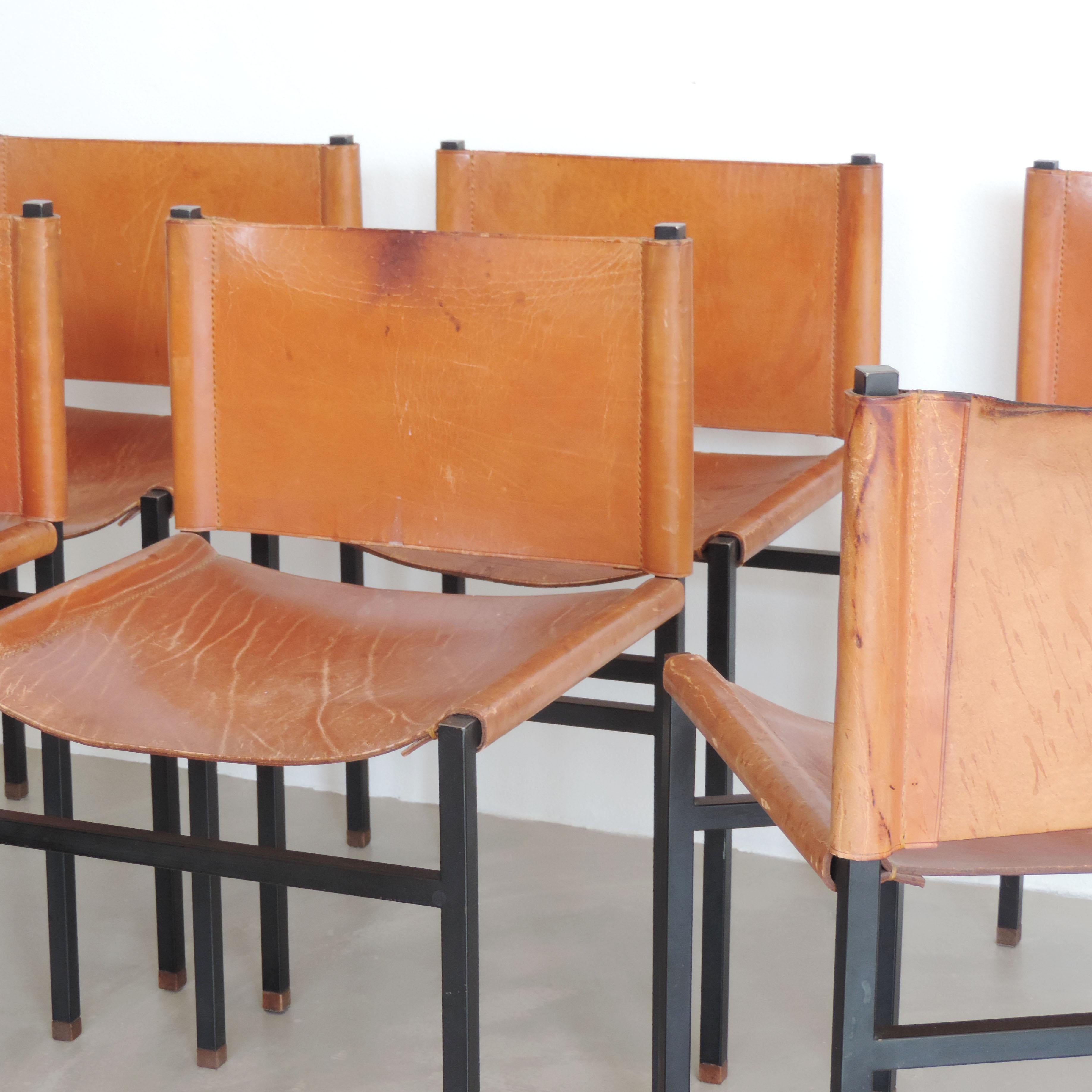 Six Paolo Tilche Dining Chairs in Leather and Metal for Arform, Italy 1960s 6