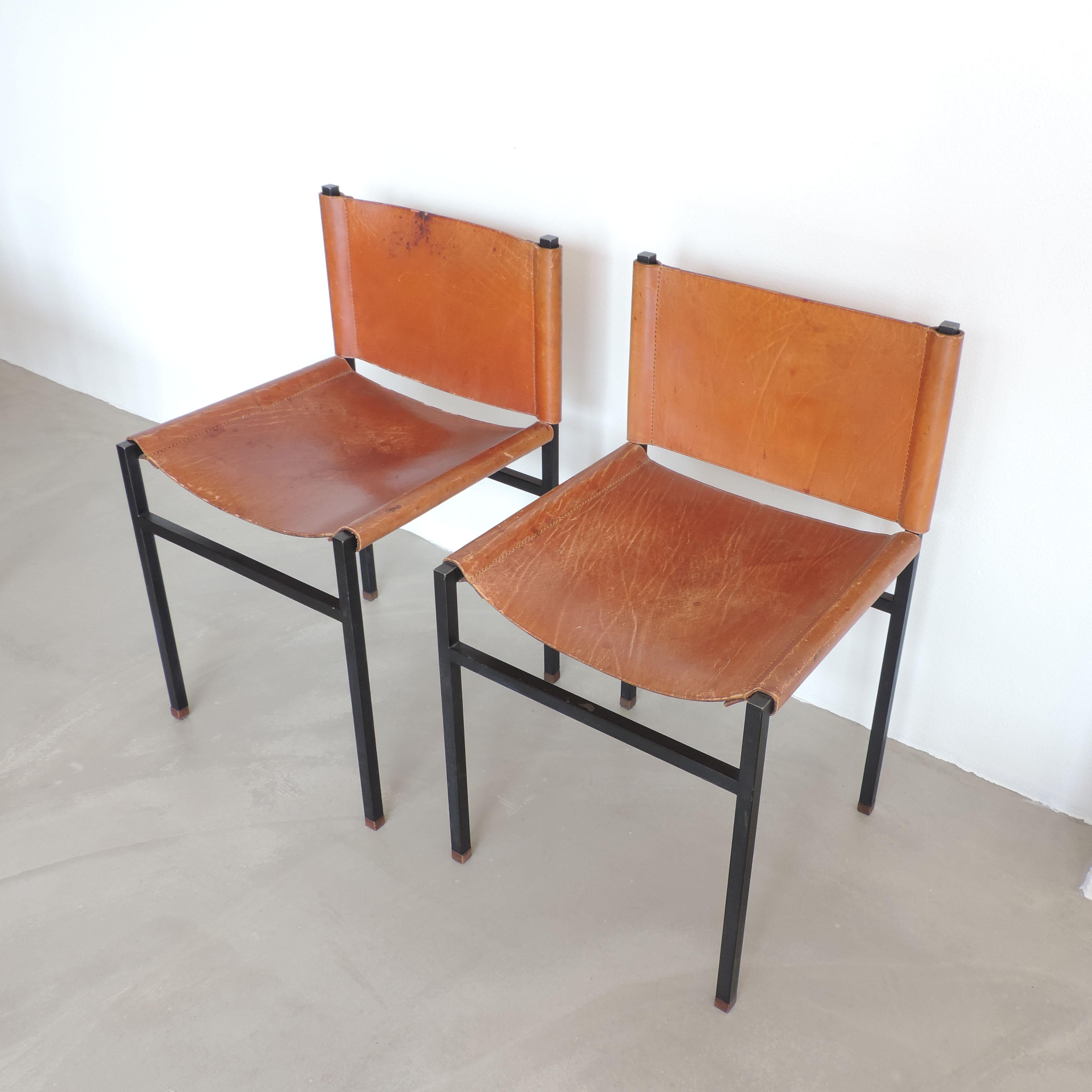 Blackened Six Paolo Tilche Dining Chairs in Leather and Metal for Arform, Italy 1960s