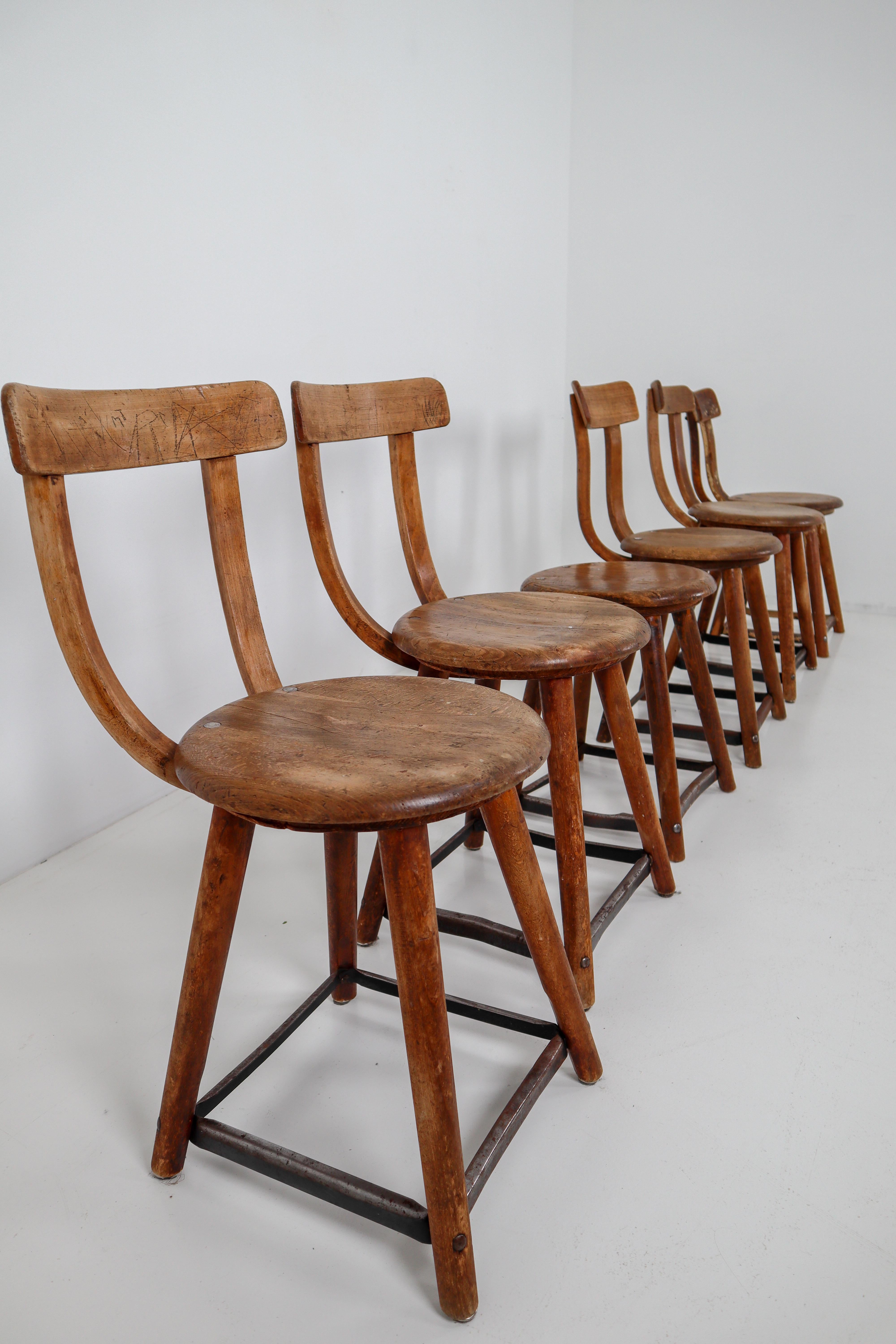 Six Patinated Wooden Industrial Bauhaus Chairs Germany, 1930s In Good Condition In Almelo, NL