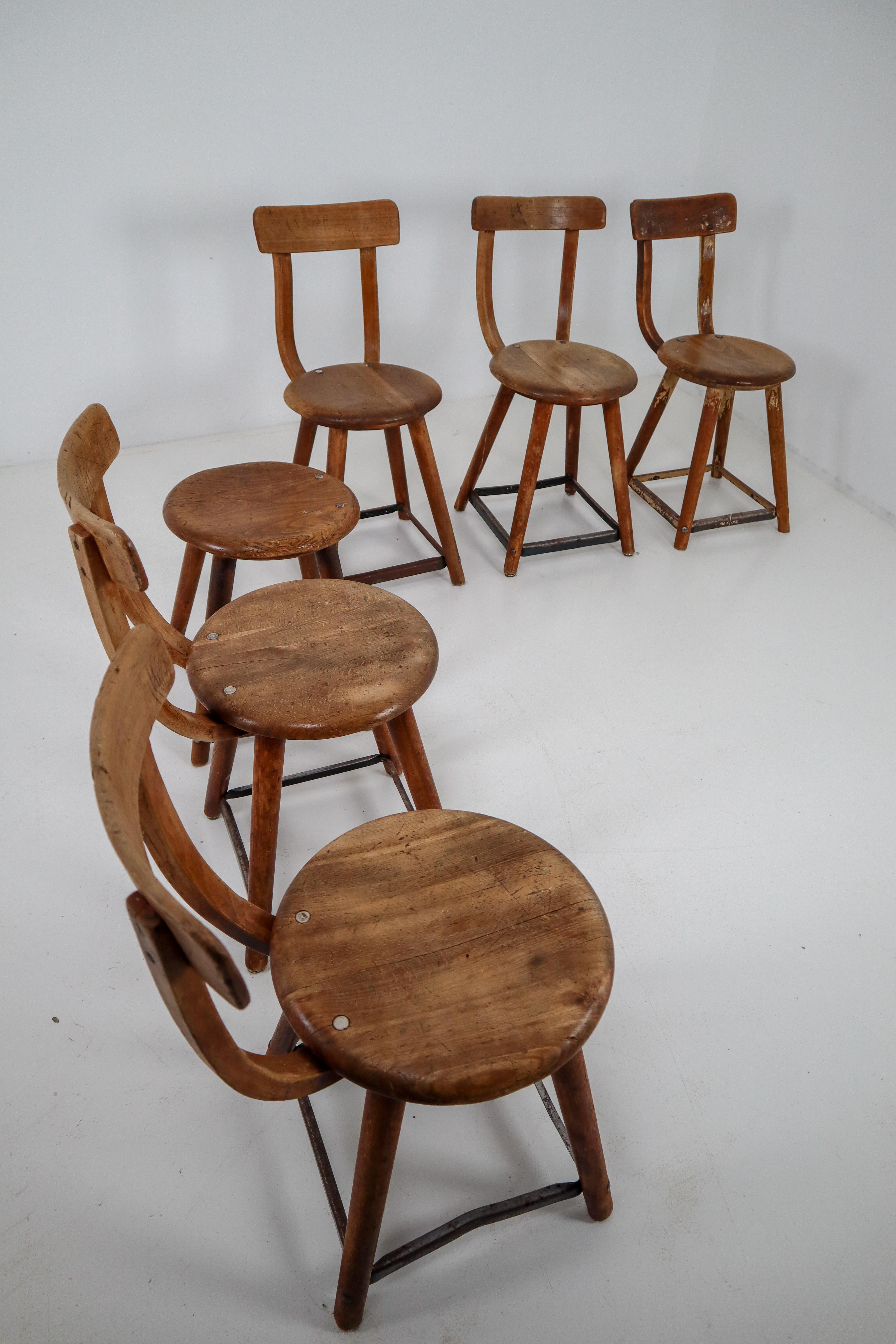 20th Century Six Patinated Wooden Industrial Bauhaus Chairs Germany, 1930s