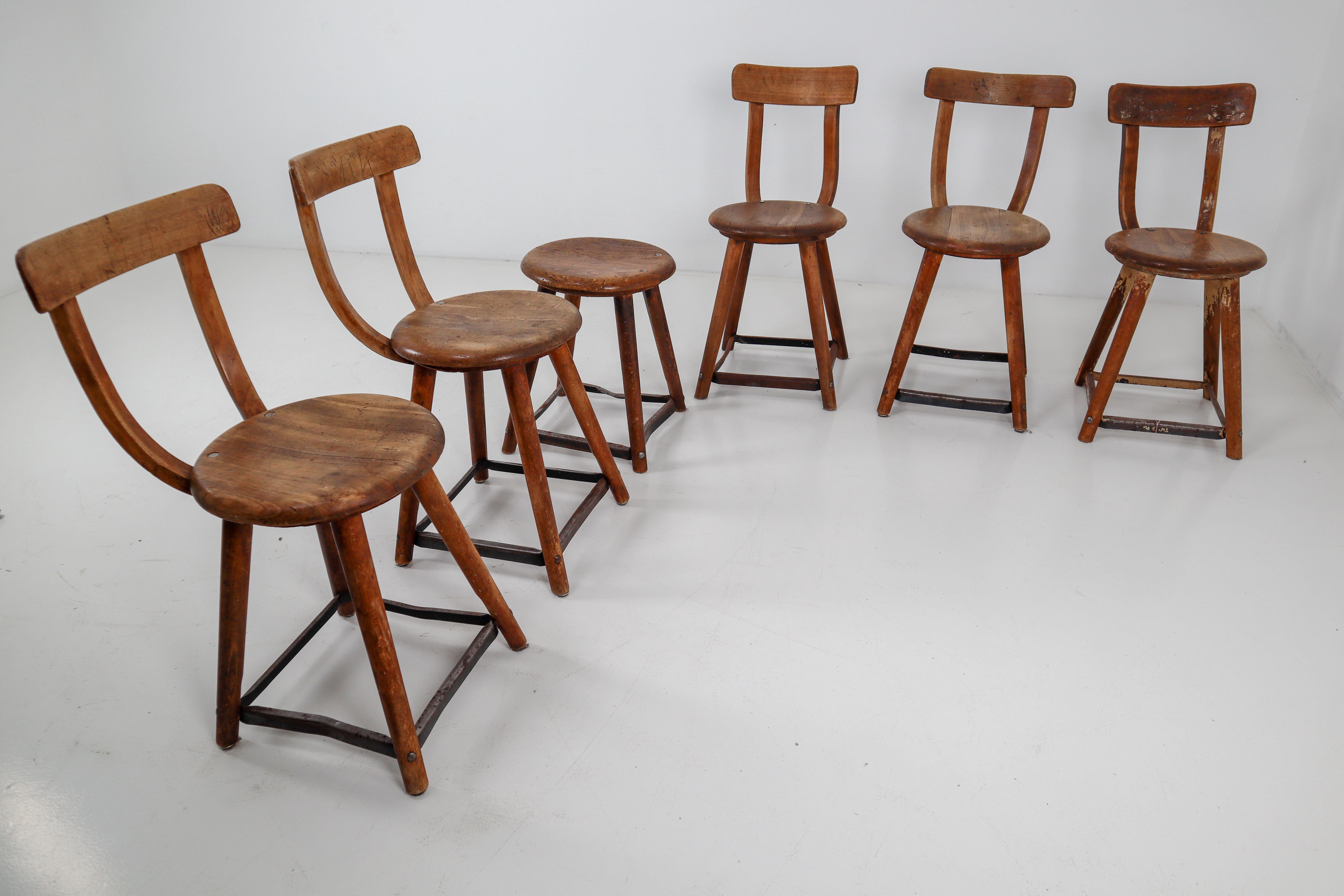 Six Patinated Wooden Industrial Bauhaus Chairs Germany, 1930s 4