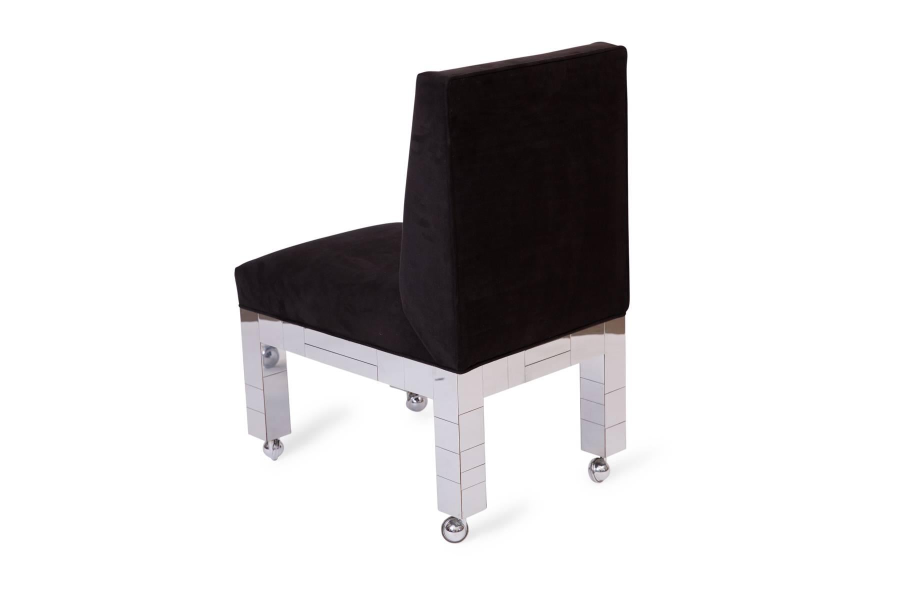 American Paul Evans Black Ultrasuede 'Cityscape' Dining Chairs with Chrome Bases '6'