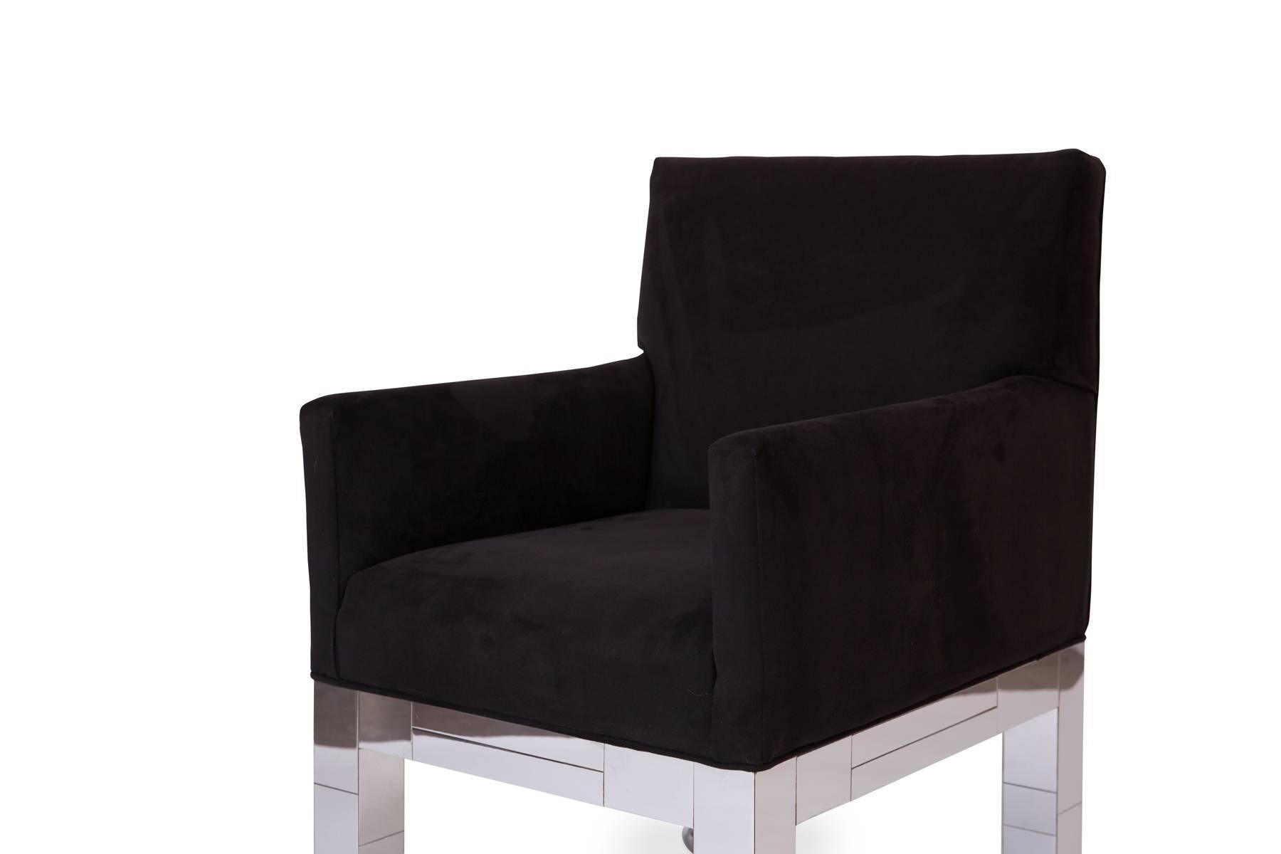 Paul Evans Black Ultrasuede 'Cityscape' Dining Chairs with Chrome Bases '6' In Good Condition In Phoenix, AZ