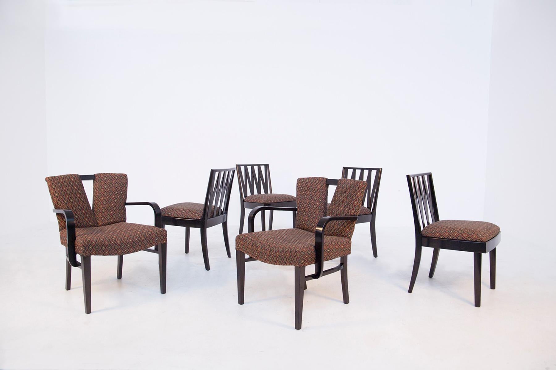 Wonderful set of six dining chairs in finely ebonized wood and fabric, designed by Paul Frankl (1886 - 1958) for Johnson Furniture and distributed by John Stuart in 1950.
Paul Frankl initially known for his 