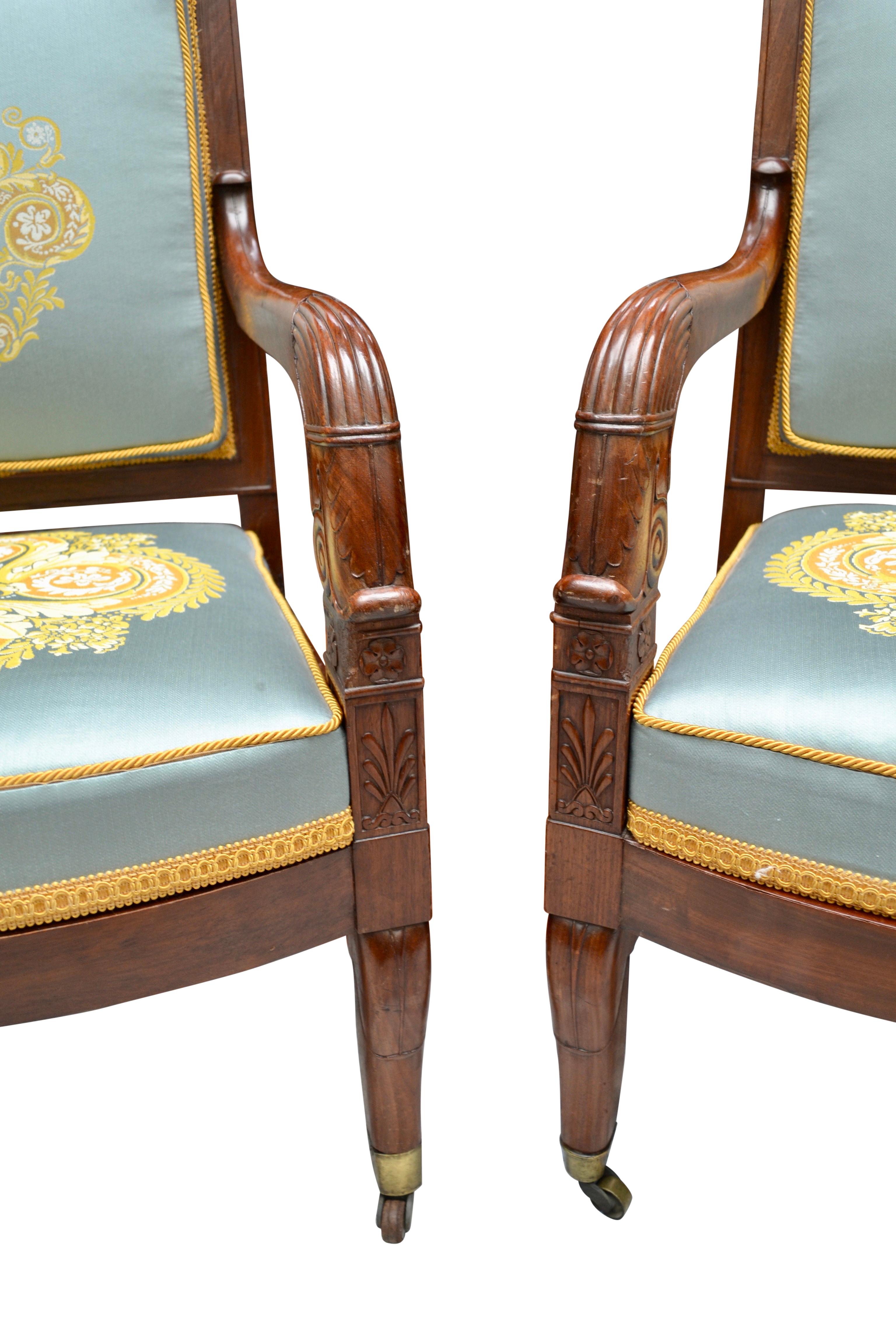 Silk Pair of French Empire Mahogany Armchairs Attributed to Jean-Pierre Louis For Sale
