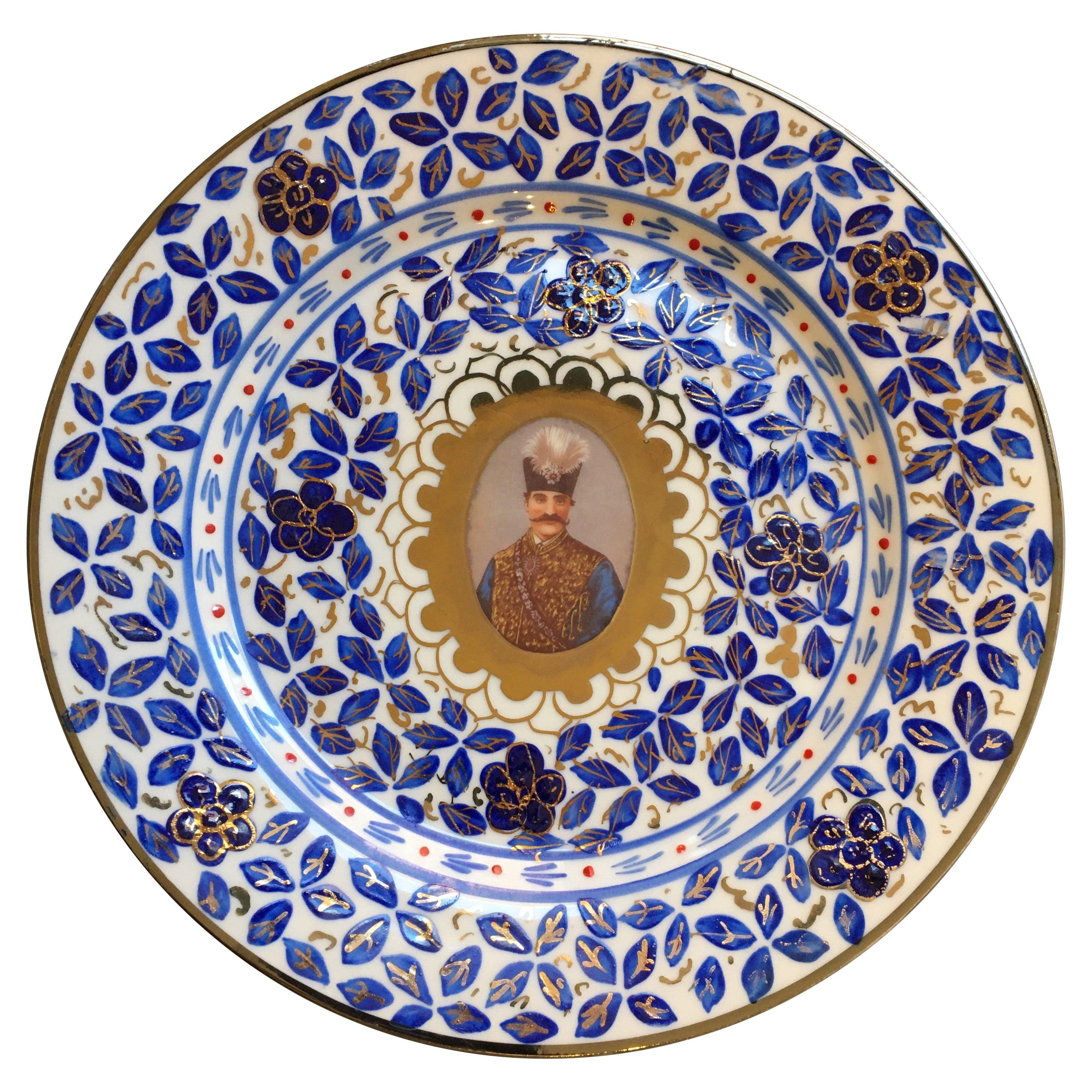 Six Persian Market Porcelain Dinner Plates Gilt Portrait Nasr Al Din Shah Qajar