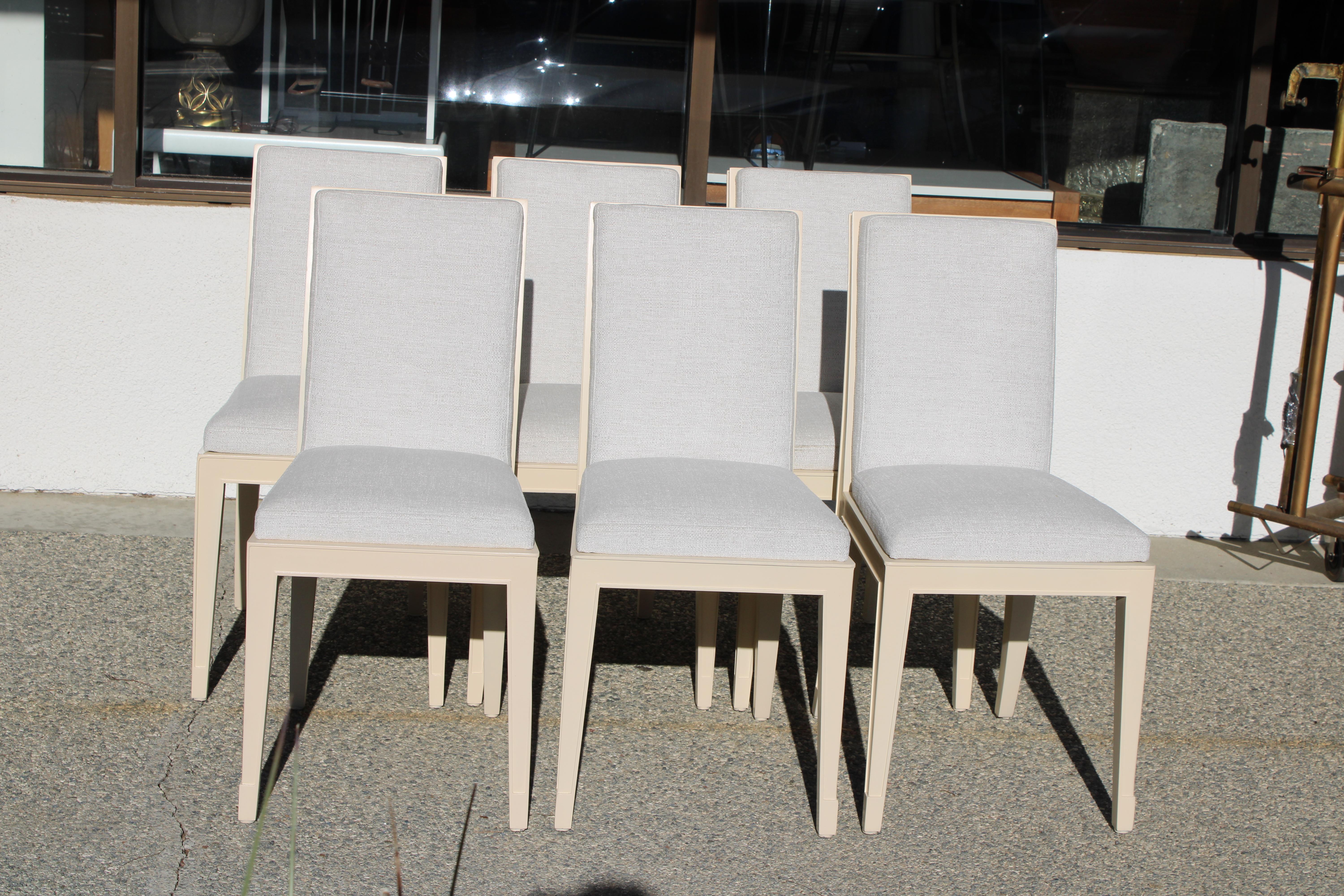 Six petite dining chairs designed by Philippe Starck for the Clift Royal Sonesta Hotel, San Francisco, CA., circa 2000.  Chairs have been professionally refinished and reupholstered. Chairs measures 15.5