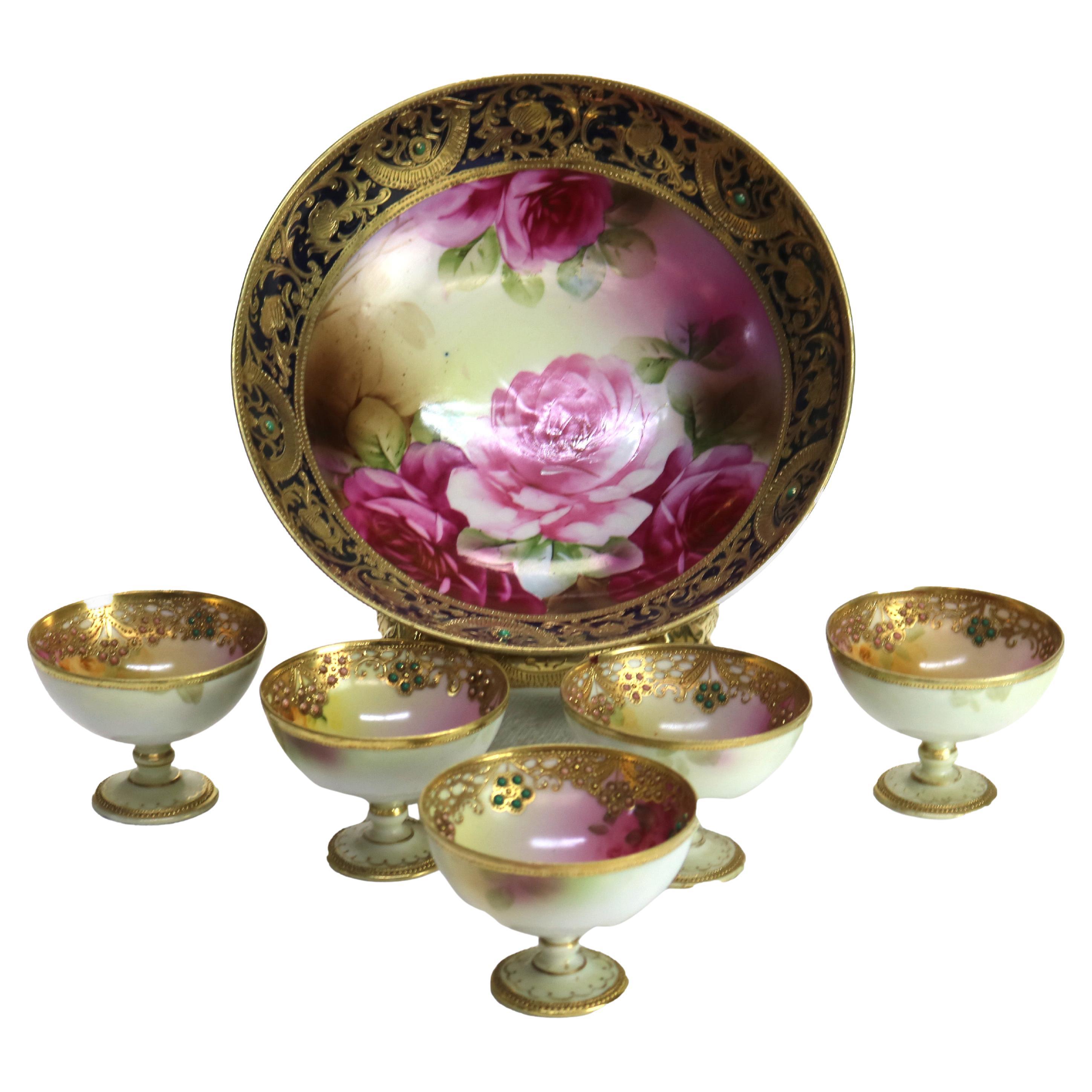 Six-Piece Antique Nippon Hand Painted Floral & Gilt Porcelain Berry Bowl Set