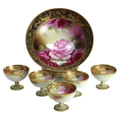 Six-Piece Antique Nippon Hand Painted Floral & Gilt Porcelain Berry Bowl Set