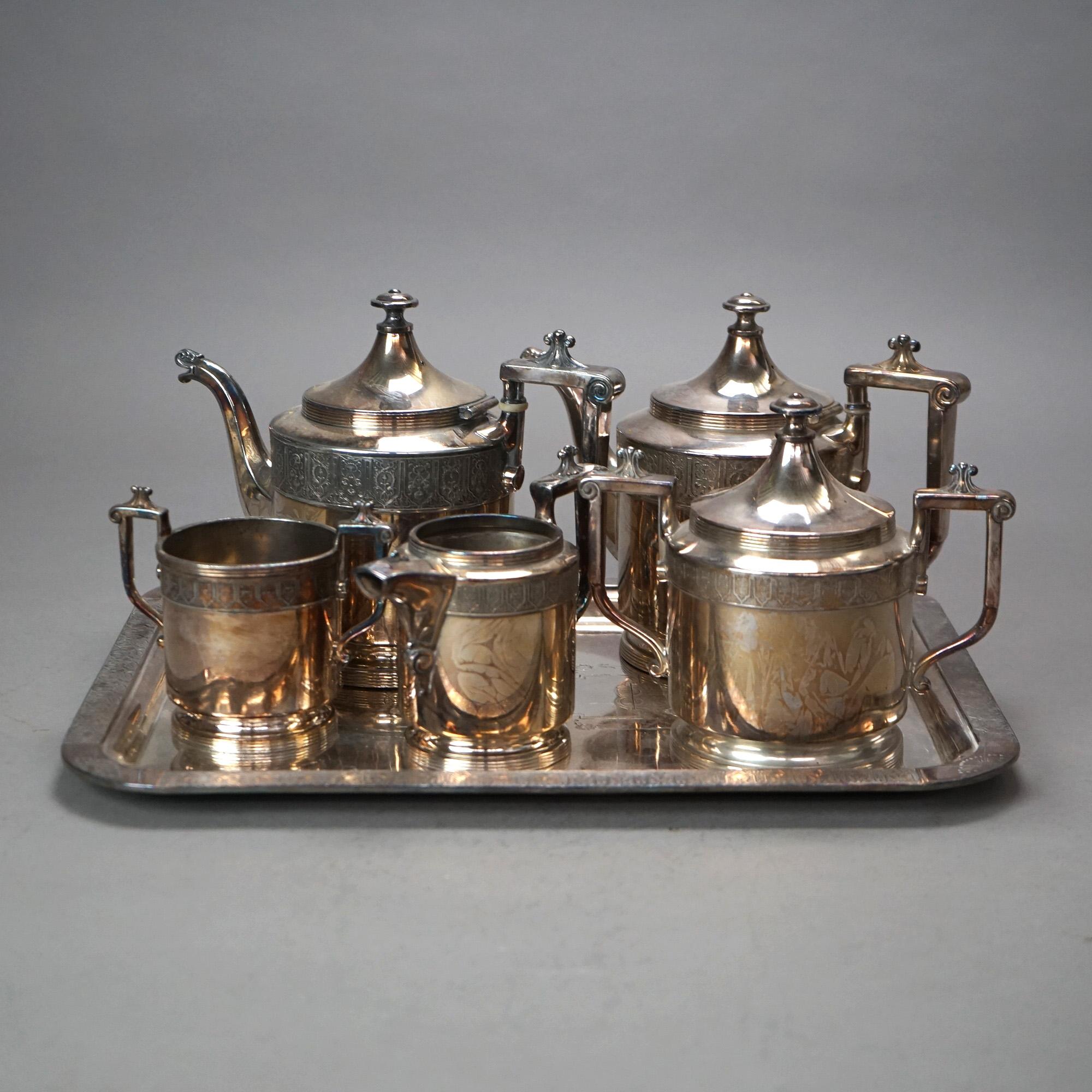 Set da tè antico da sei pezzi placcato in argento e inciso C1890 in vendita 3
