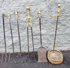 Six-Piece George III Cast Brass and Iron Fireplace Tool Set