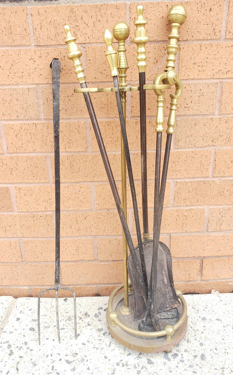 SixPiece III Cast Brass and Iron Fireplace Tool Set For Sale at