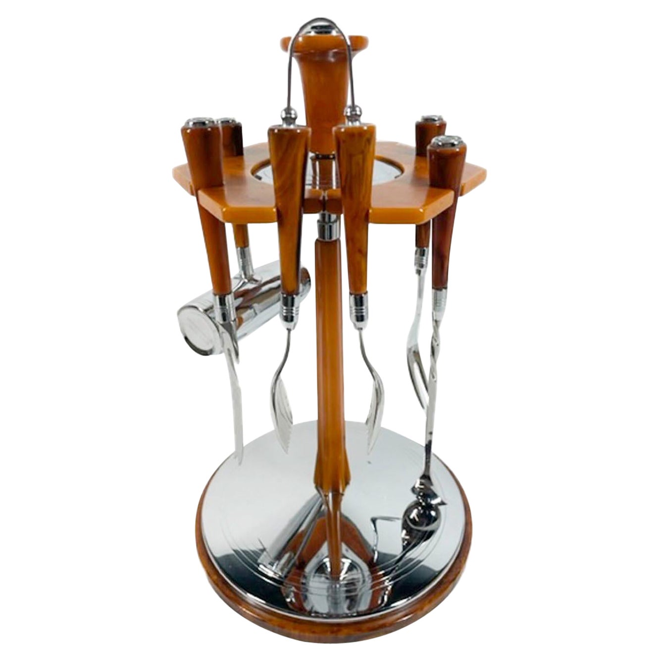 Six Piece Glo-Hill Bar Tool Set in Butterscotch Bakelite with Rotating Stand
