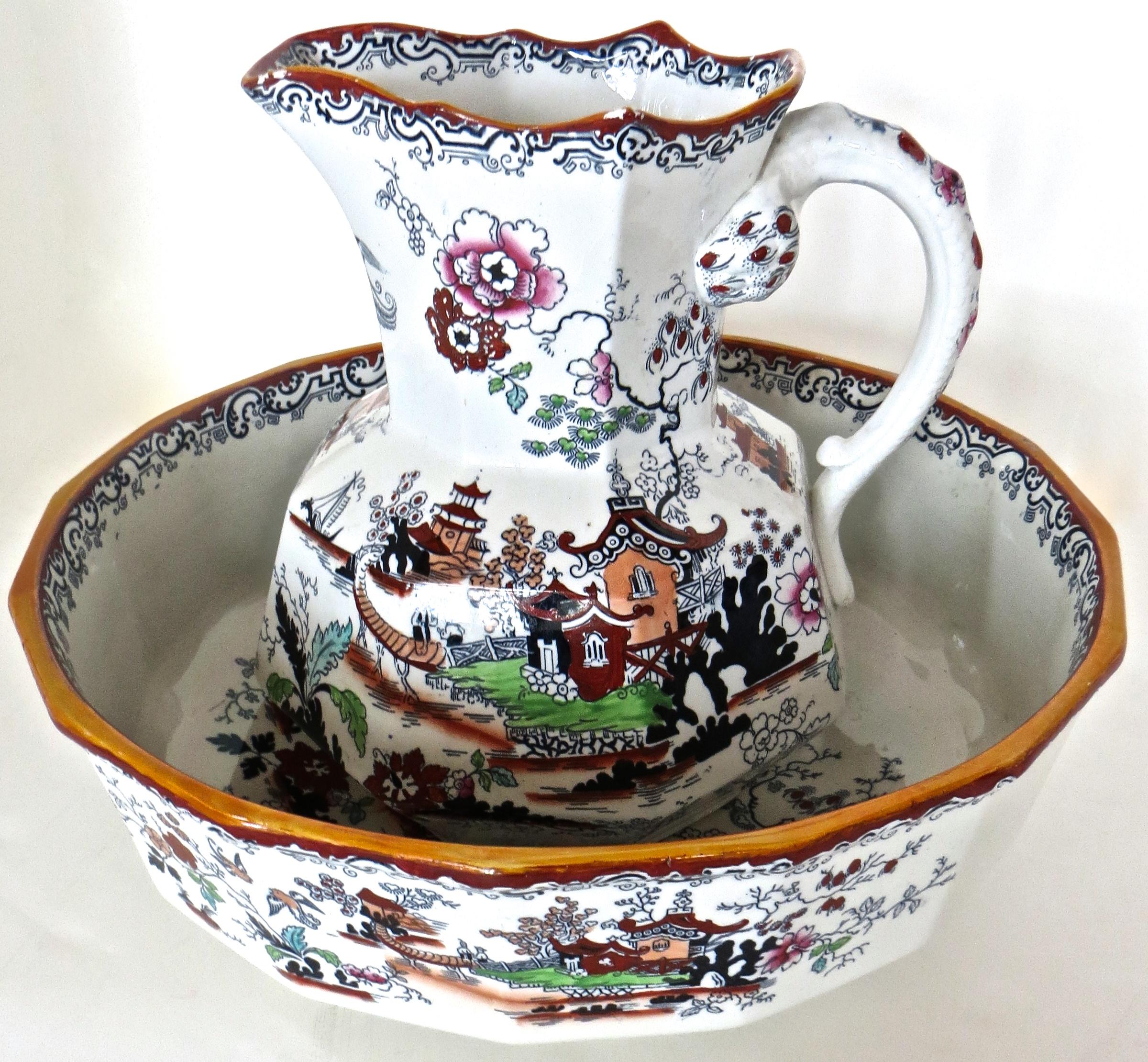Outstanding and rare early 19th century Mason's Ironstone (6) piece set consisting of toilet necessities as follows:
Large oversized highly decorated pitcher and bowl for storing water and wash basin
Pair of chamber pots for evening needs
Similarly