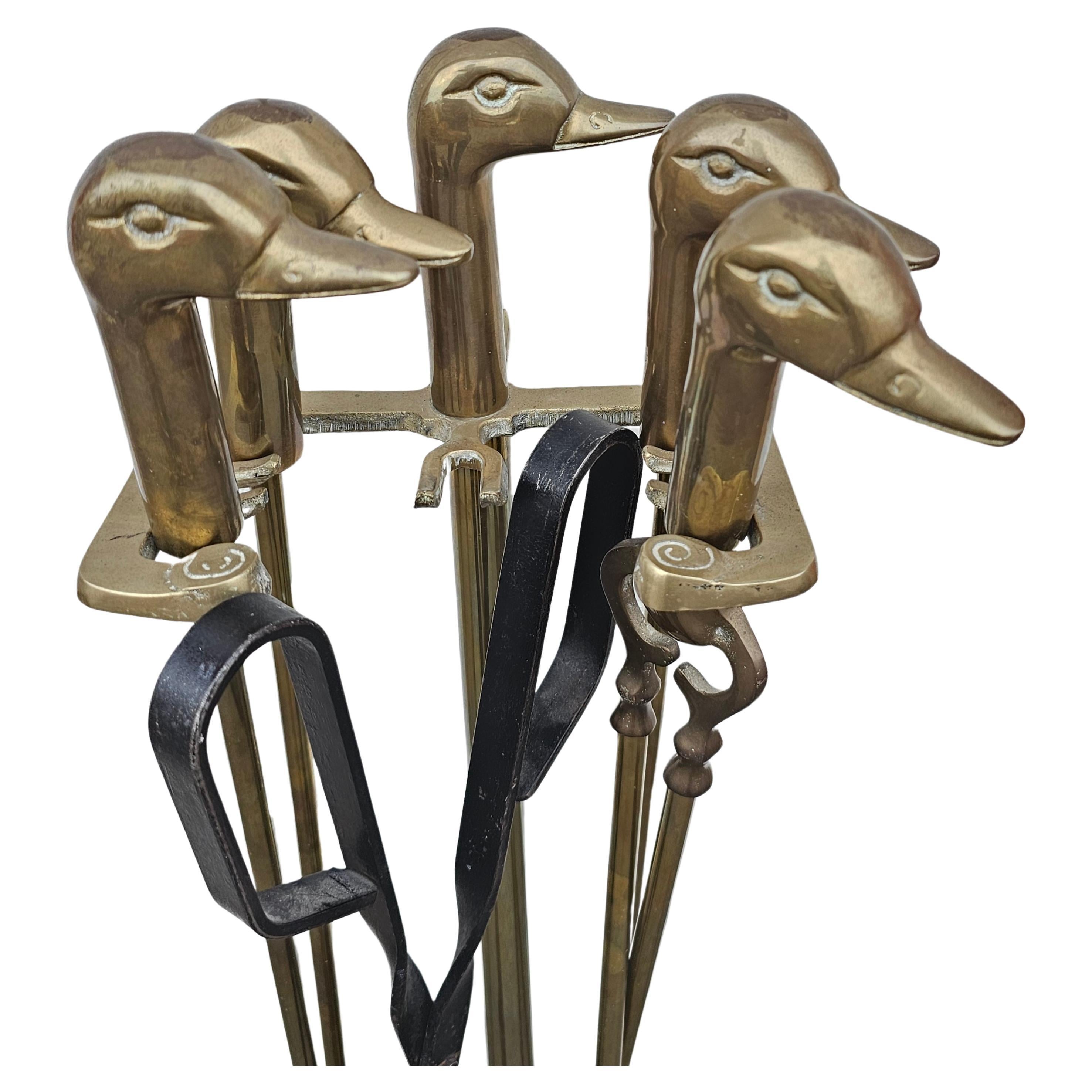 Metalwork Six-Piece Mid-Century Duck Heads Brass Fireplace Tools Set For Sale