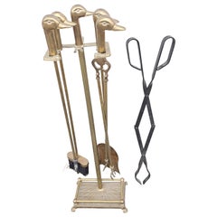 Six-Piece Mid-Century Duck Heads Brass Fireplace Tools Set