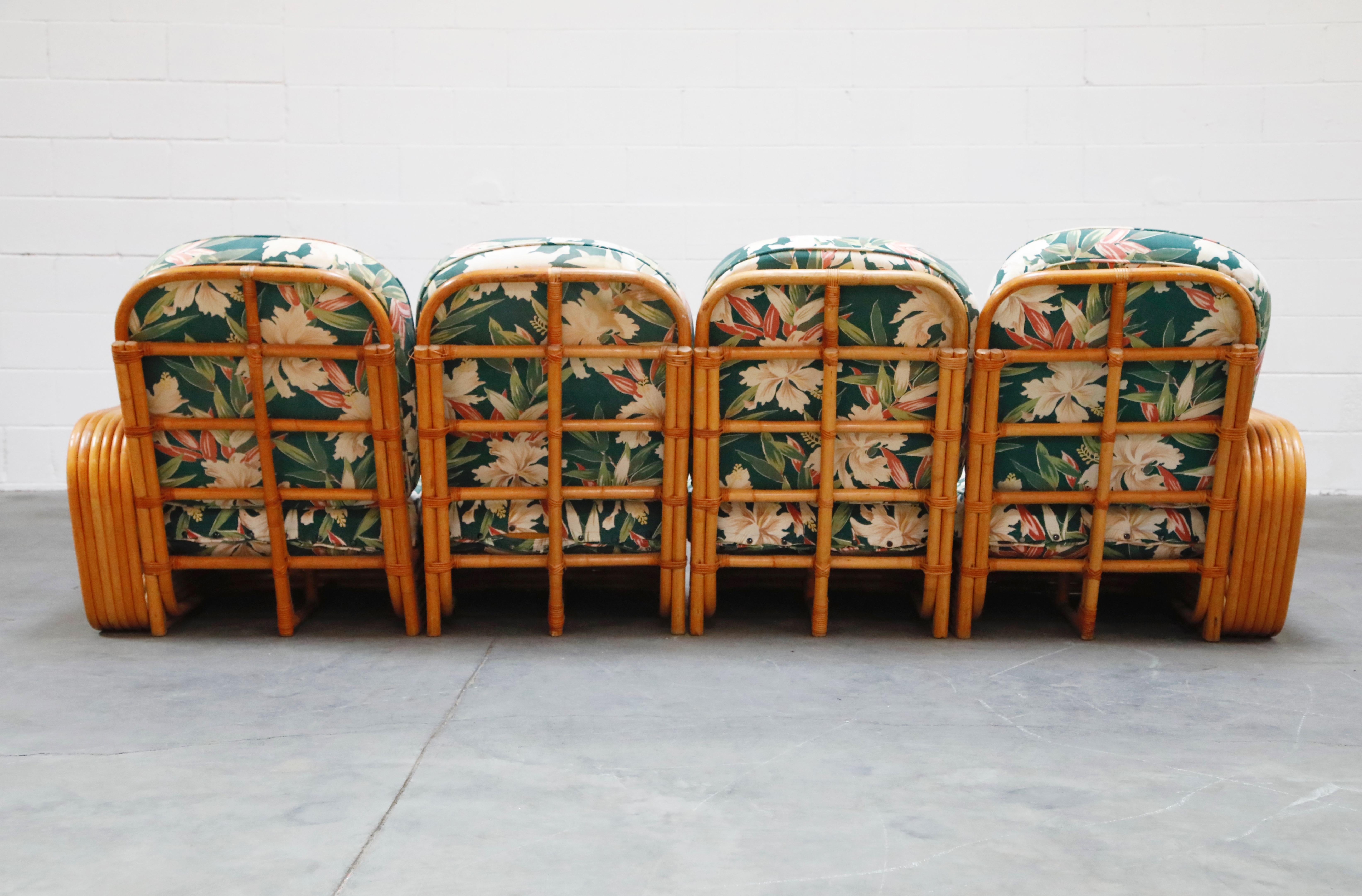 Six-Piece Paul Frankl Style Pretzel Rattan Living Room Patio Set, circa 1940s In Good Condition In Los Angeles, CA