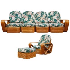 Vintage Six-Piece Paul Frankl Style Pretzel Rattan Living Room Patio Set, circa 1940s