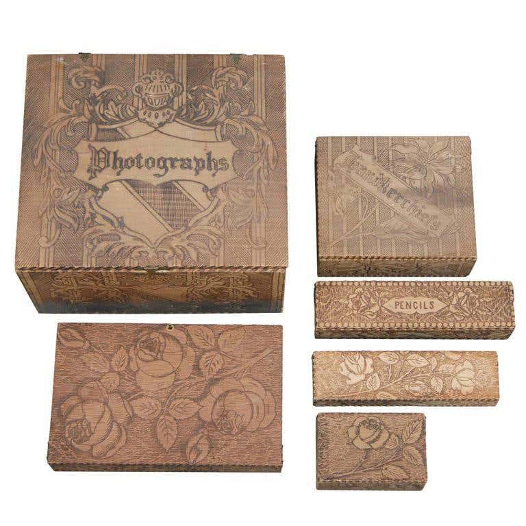 Six-Piece Stationary Set with Pyrography Decoration For Sale at 1stDibs