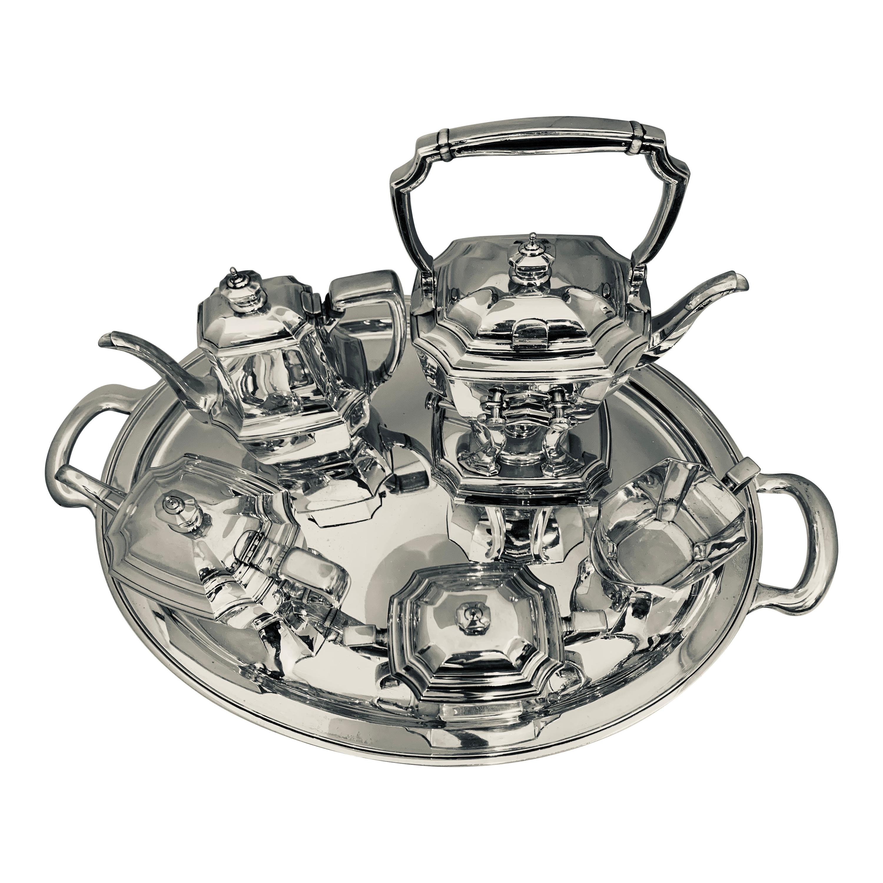 Six-Piece Tiffany & Co. Sterling Silver Kettle on Cradle W Serving Tray 7.3 Kg For Sale