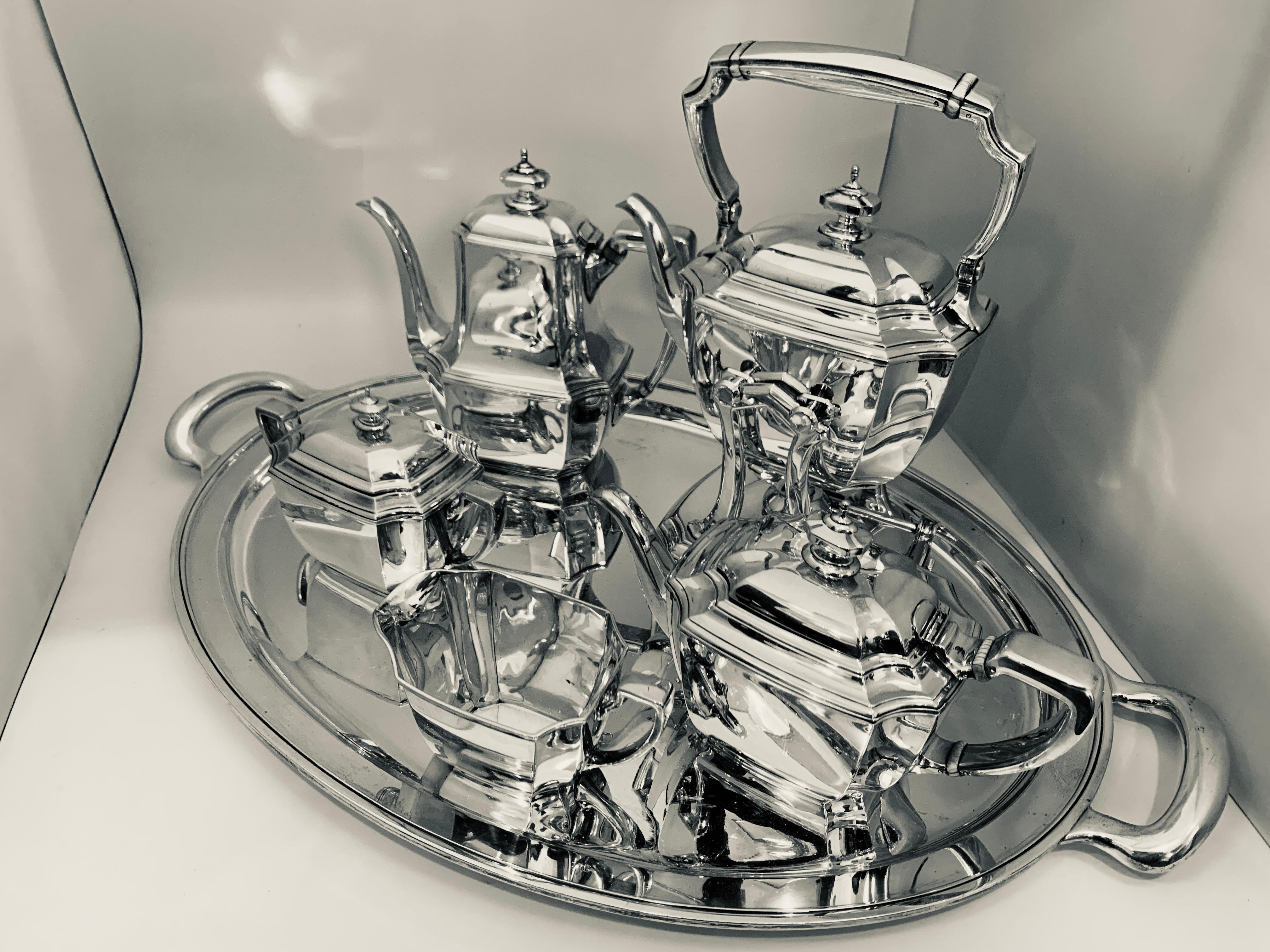 Six-Piece Tiffany & Co. Sterling Silver Kettle on Cradle W Serving Tray 7.3 Kg For Sale 11