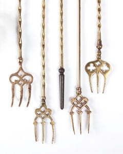 Six Piece Vintage Brass Fireplace Tools and Toasting Forks, England, circa 1920s