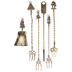 Six Piece Antique Brass Fireplace Tools and Toasting Forks, England, circa 1920s