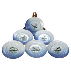 Seis Piezas Antiguas Bing & Grondahl Platos de Porcelana con Dibujo de Peces C1920