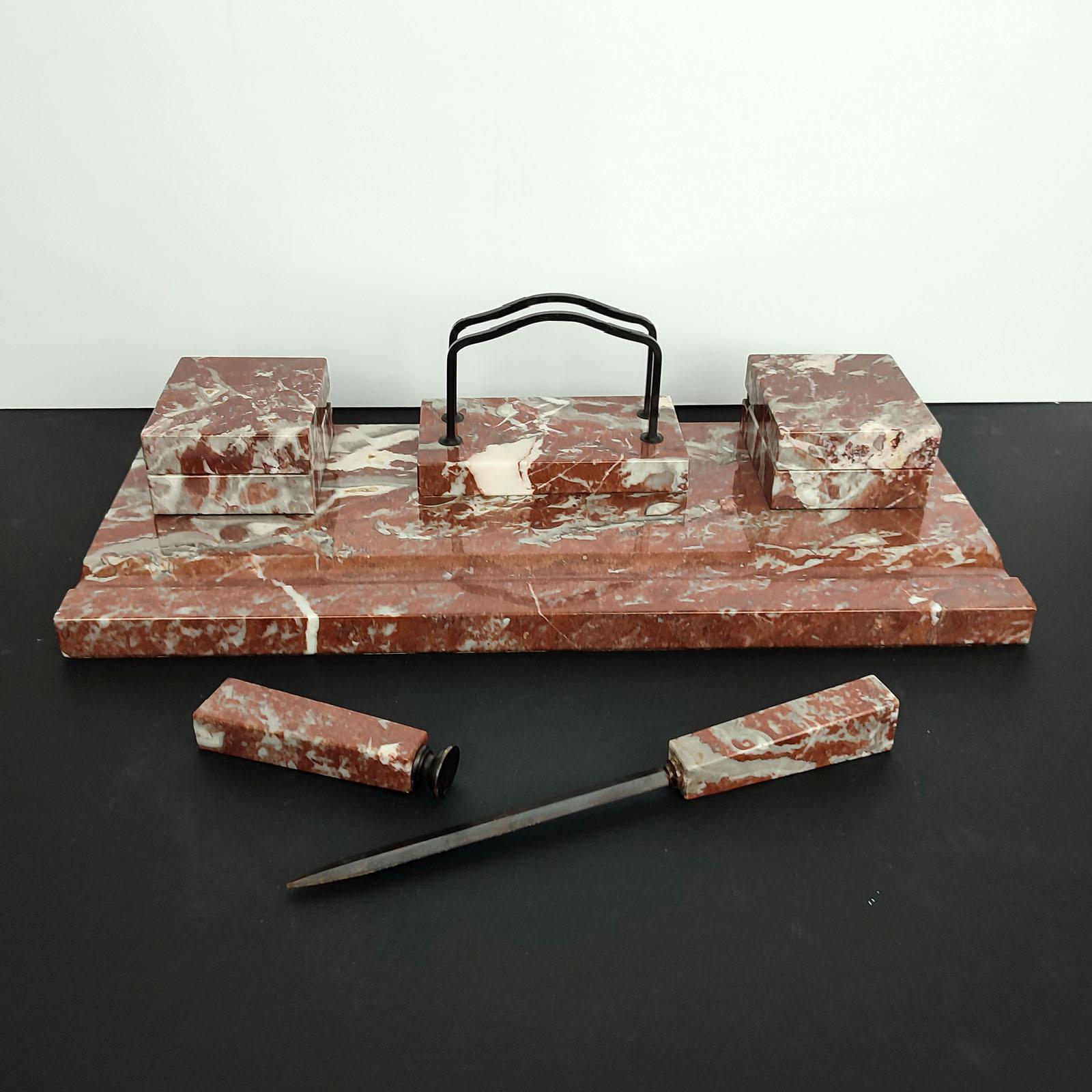 Brass Six-Pieces Large Italian Writing Desk Set, Red Marble, 1930s