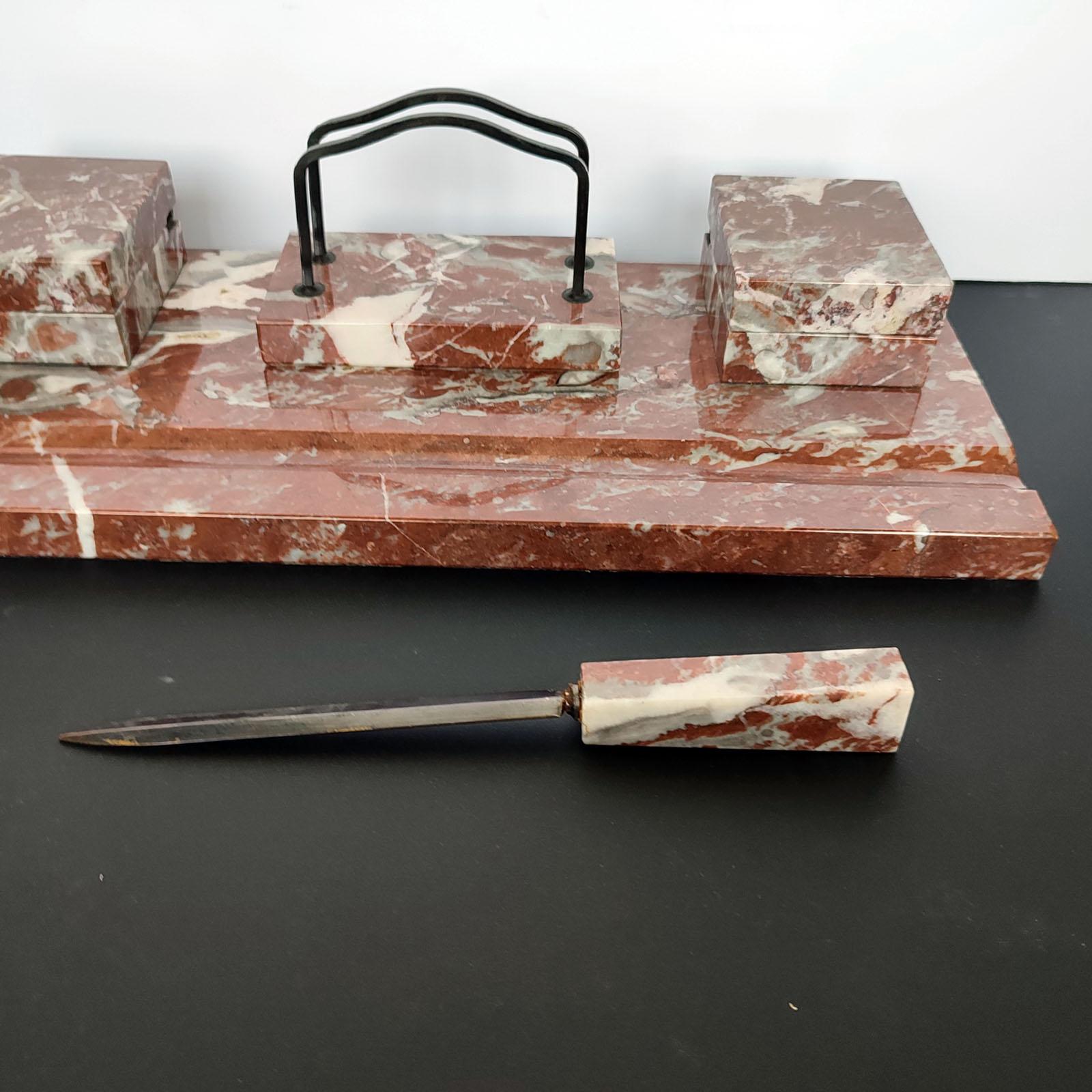 Six-Pieces Large Italian Writing Desk Set, Red Marble, 1930s 3