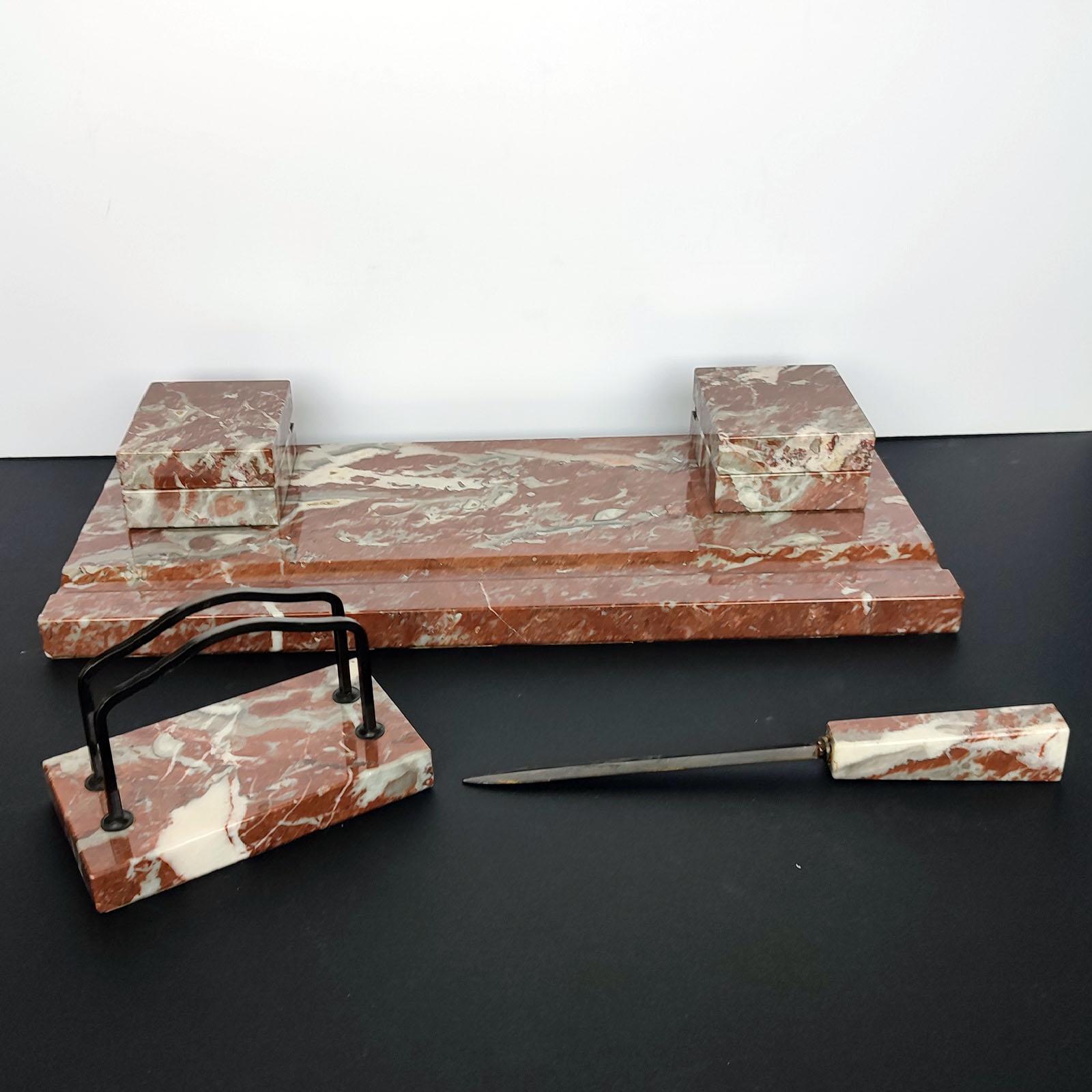 Six-Pieces Large Italian Writing Desk Set, Red Marble, 1930s 4