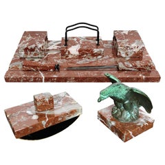 Vintage Six-Pieces Large Italian Writing Desk Set, Red Marble, 1930s