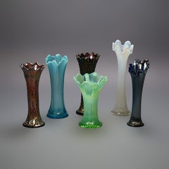 Six Pieces of Antique & Colored Carnival Glass Ruffled Rim Flower Vases C1920