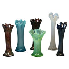 Six Pieces of Antique & Colored Carnival Glass Ruffled Rim Flower Vases C1920