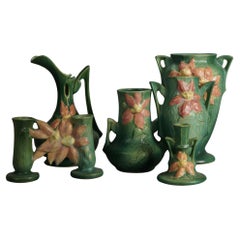Used Six Pieces of Roseville Art Pottery, Clematis in Green, Mid 20thC