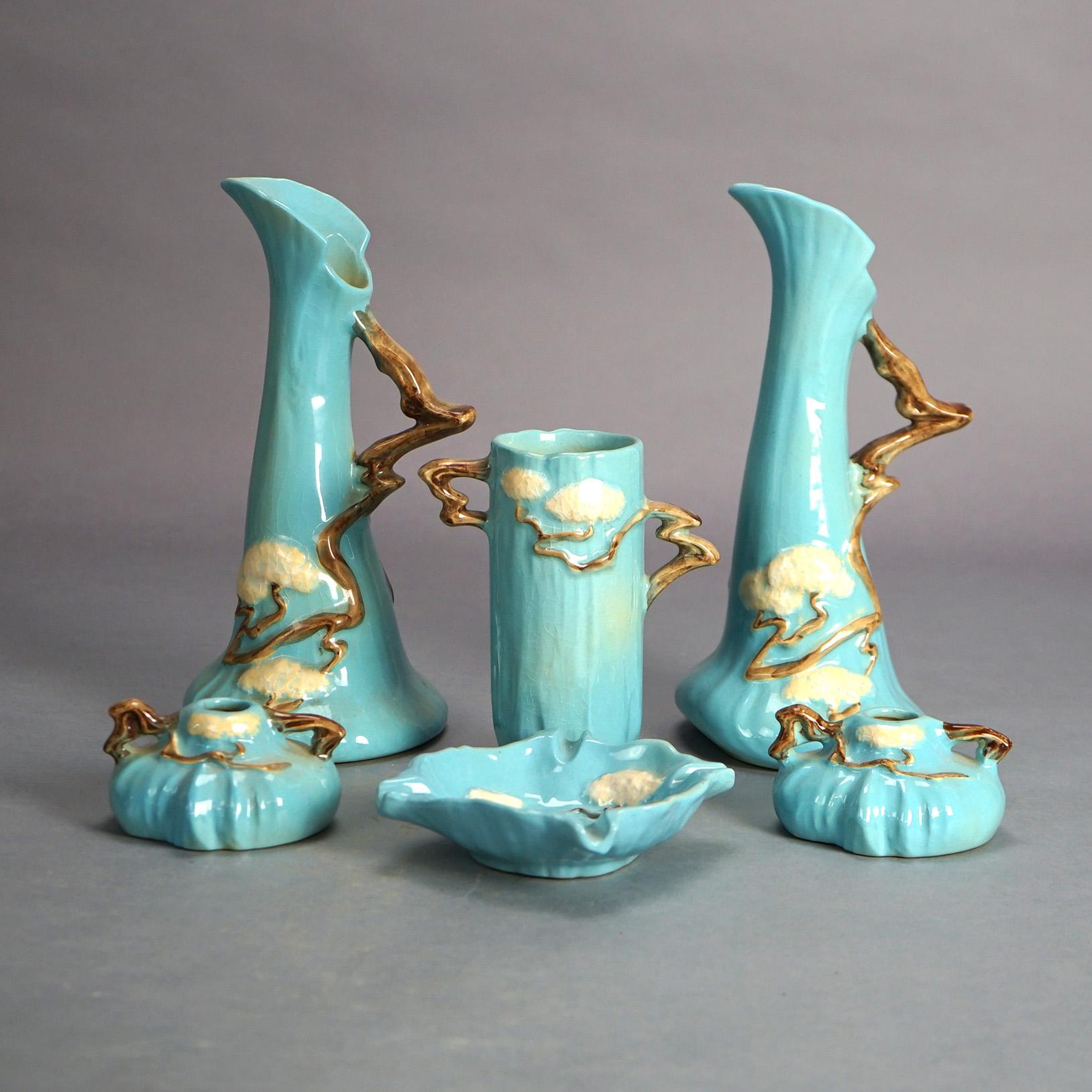 Six Pieces of Roseville Art Pottery including Ewers, Candles and Ashtray, Ming Tree in Blue, Mid 20thC

Measures - 10.5