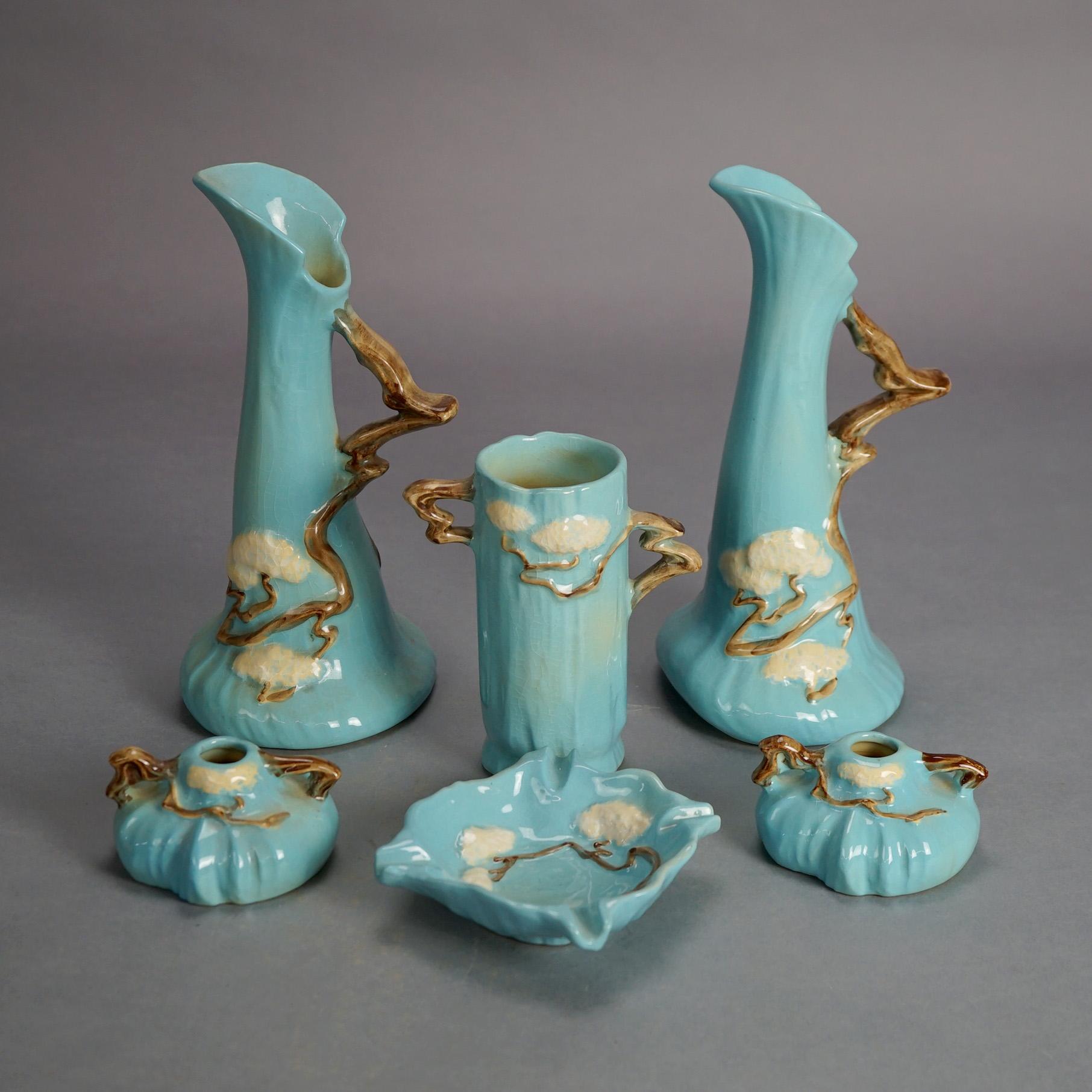 Arts and Crafts Six Pieces of Roseville Art Pottery, Ming Tree in Blue, Mid 20thC